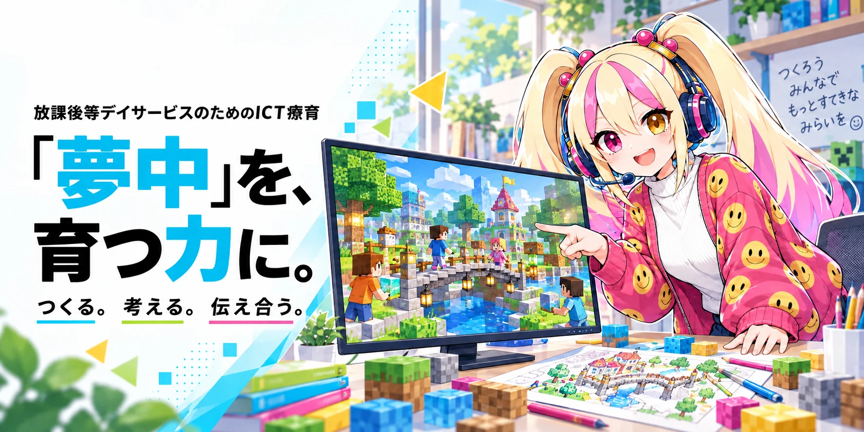 じゃっぷちゃんと、ブロックで街や橋をつくる活動イメージ